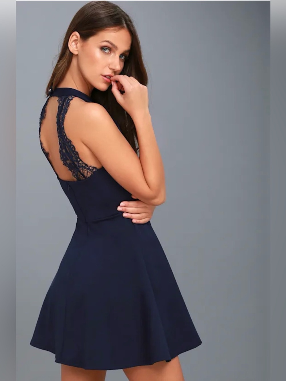 Lulus Hometown Girl Navy Blue Lace Back Halter Skater Mini Dress XS NWT